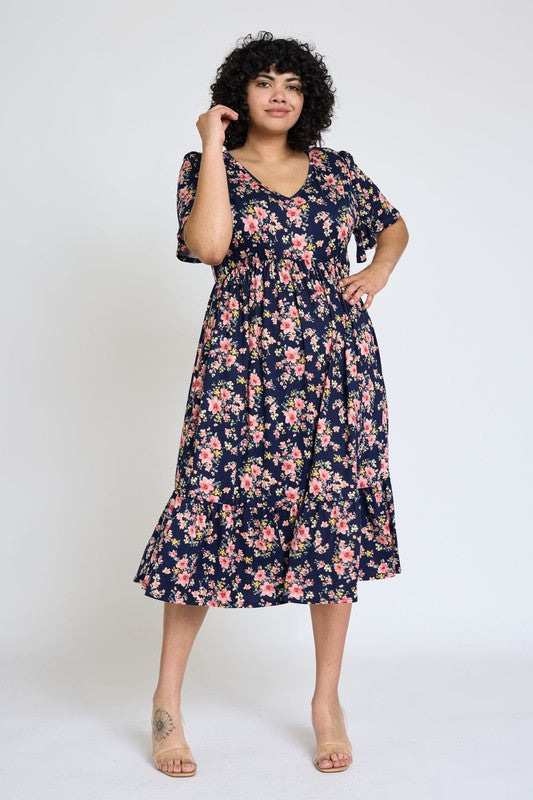 Floral Angel Sleeve Midi Dress