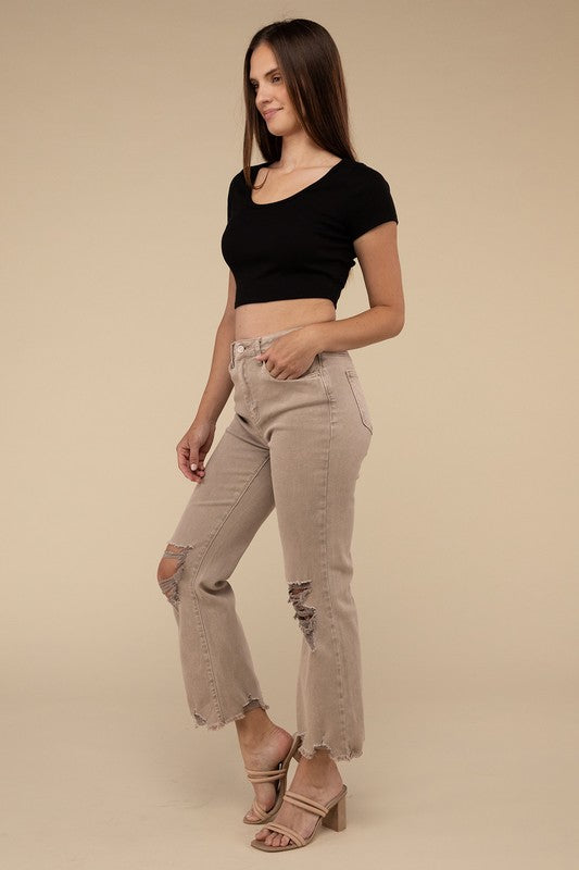 Acid Washed High Waist Distressed Straight Pants