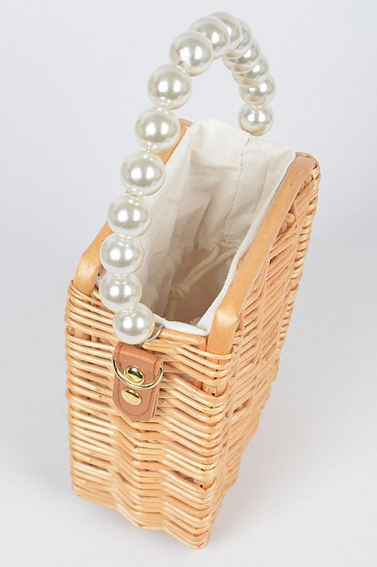 Bamboo Weaved Pearl Handle Swing Clutch Bag