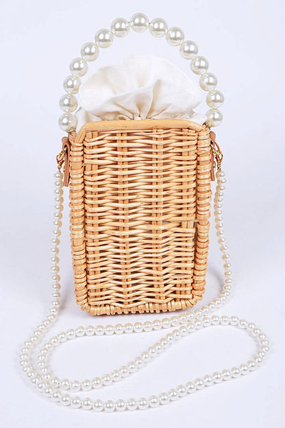 Bamboo Weaved Pearl Handle Swing Clutch Bag