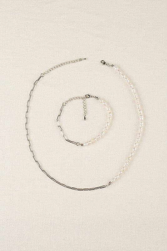 Natural pearl chain bracelet, necklace set - sil