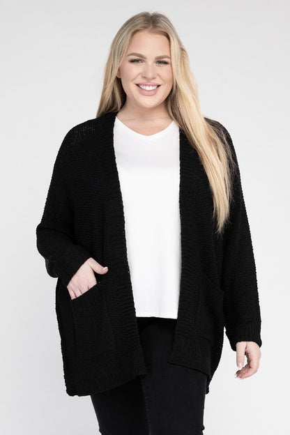 Plus Size Ribbed Knit Open Front Cardigan