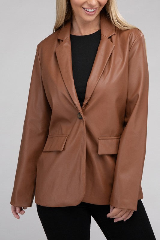 Sleek Pu Leather Blazer with Front Closure