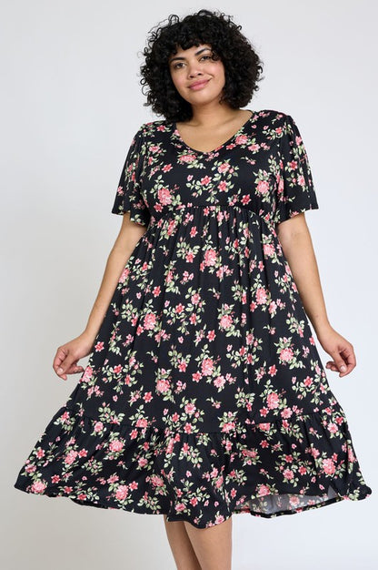 Floral Angel Sleeve Midi Dress