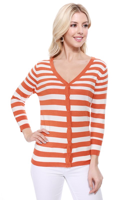 V Neck Striped Spandex Sweater Cardigan