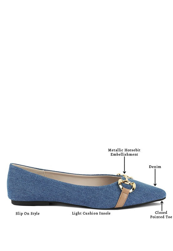 Cressida Denim Horsebit Detail Ballet Flats