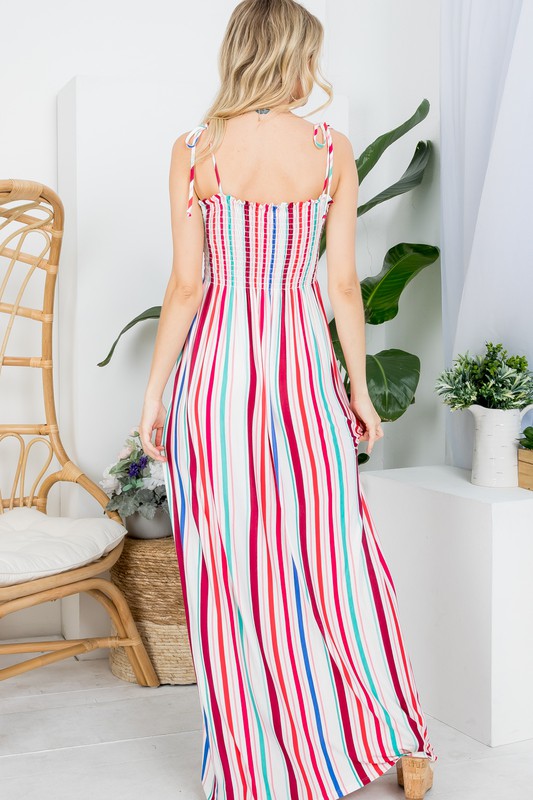 PLUS STRIPE SMOCKED MAXI DRESS