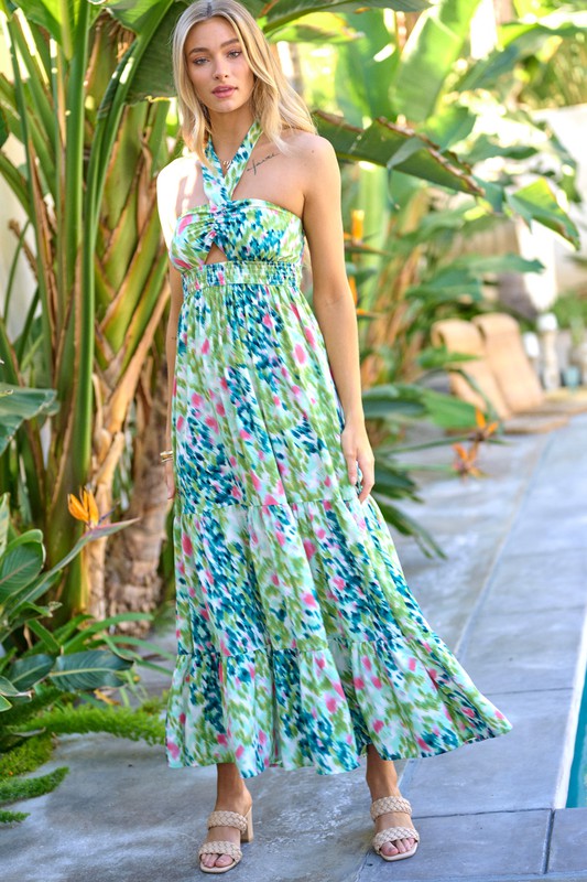 Printed Smocked Ruffle Maxi Dress