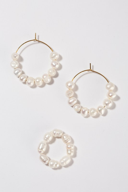 Natural pearl hoop ring and earring set