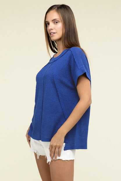 Brushed Waffle Exposed-Seam Short Sleeve Top