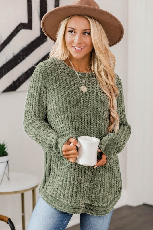 Women Long Sleeve Round Hem Cable Knit Sweater