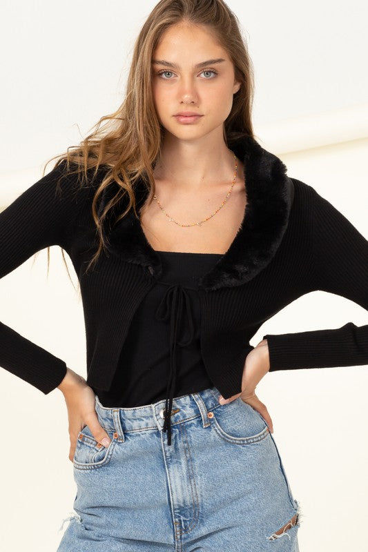 Miss Mesmerize Fur Trim Tie Front Ribbed Cardigan