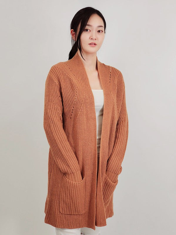 Open Front Waffle Knit Sweater Cardigan w/ Pocket