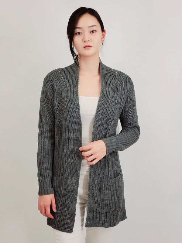 Open Front Waffle Knit Sweater Cardigan w/ Pocket