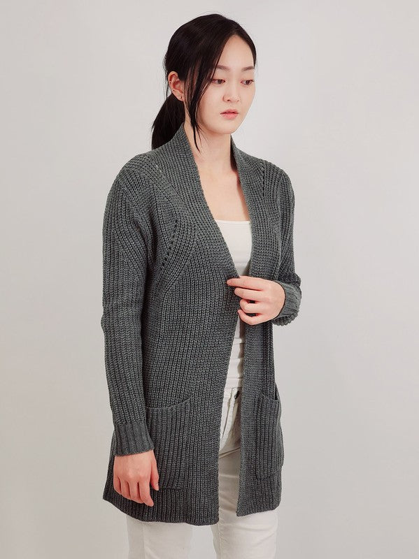 Open Front Waffle Knit Sweater Cardigan w/ Pocket