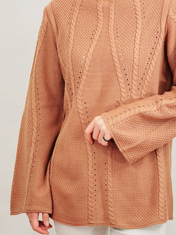 Mock Neck Cable Knitted Tunic Pullover Sweater