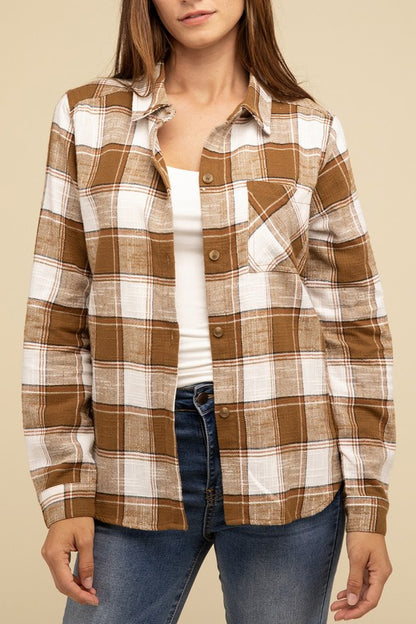 Cotton Plaid Shacket With Front Pocket