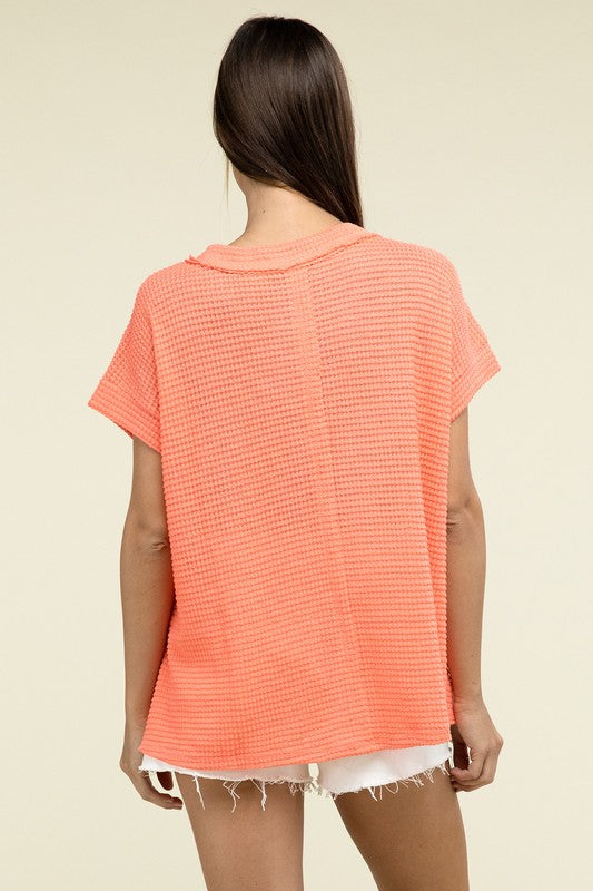 Brushed Waffle Exposed-Seam Short Sleeve Top