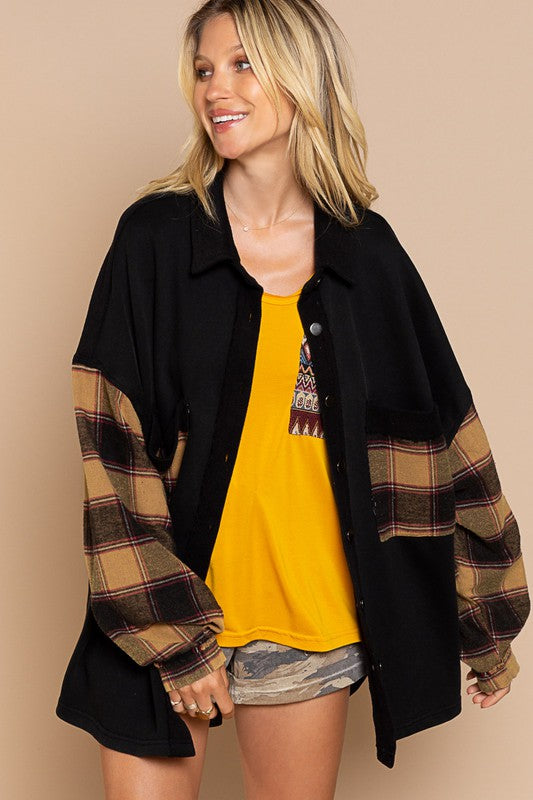 Long Sleeve With Plaid Detail Sleeve Shacket