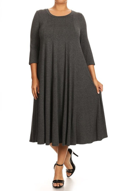 Solid, 3/4 sleeve midi dress