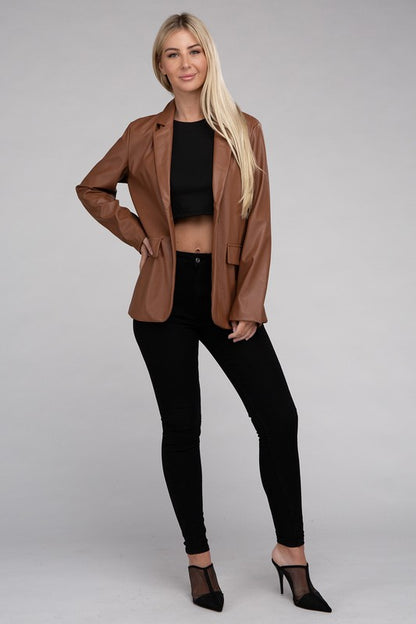 Sleek Pu Leather Blazer with Front Closure