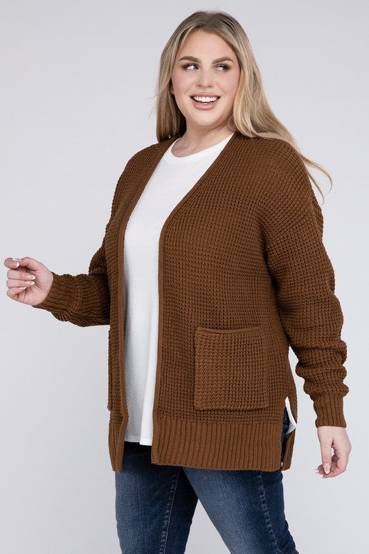 Plus Low Gauge Waffle Open Cardigan Sweater