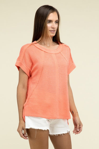 Brushed Waffle Exposed-Seam Short Sleeve Top