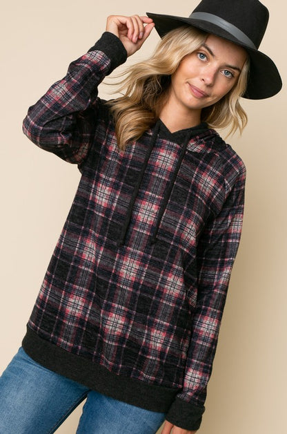 PLAID MIXED HOODIE SWEATSHIRT TOP