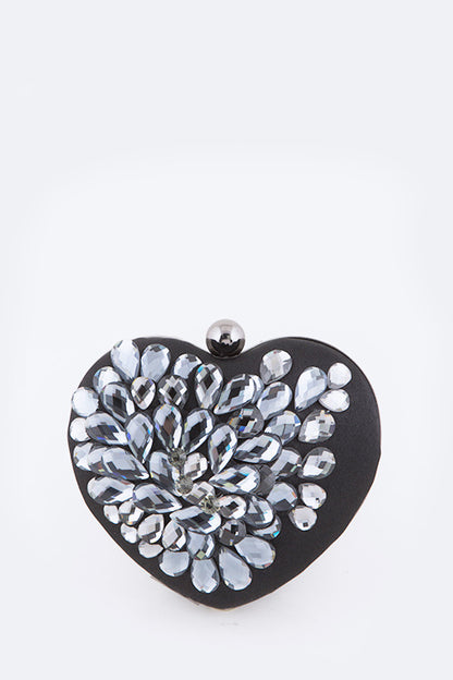 Crystal Flower Statement Satin Heart Shape Clutch