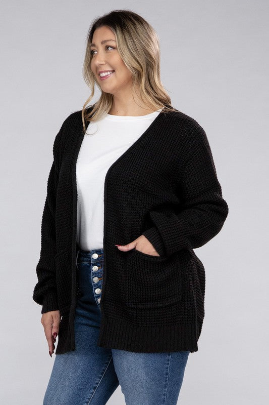 Plus Low Gauge Waffle Open Cardigan Sweater