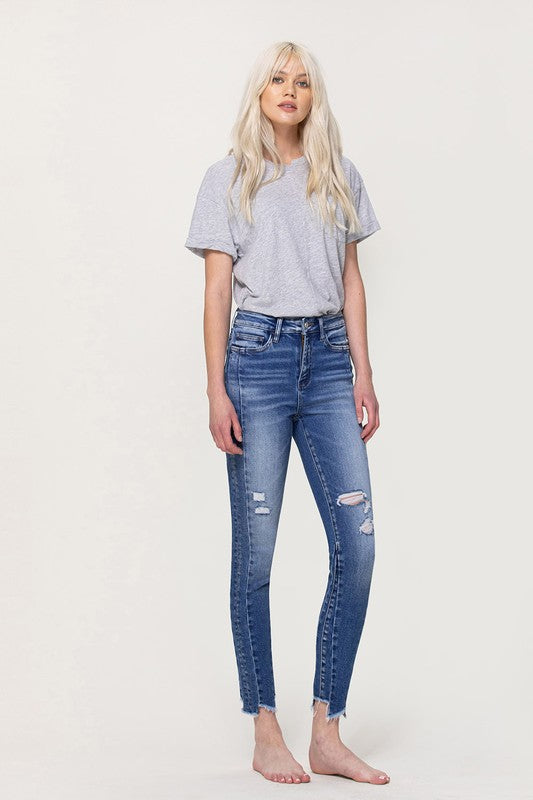 High Rise Ankle Skinny with Uneven Hem Detail