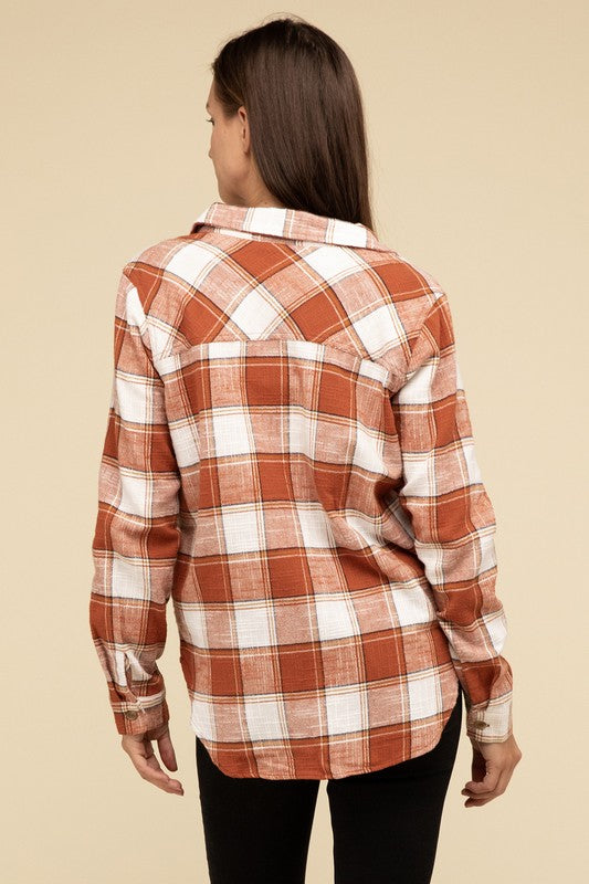 Cotton Plaid Shacket With Front Pocket