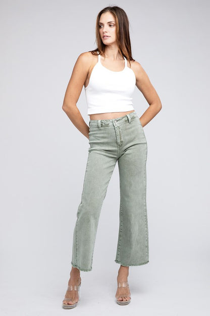 Acid Wash Frayed Cutoff Hem Straight Wide Pants