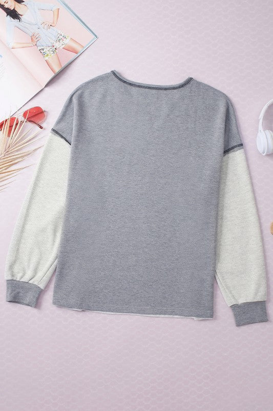 Women Seam Ribbed Patchwork V Neck Sweatshirt