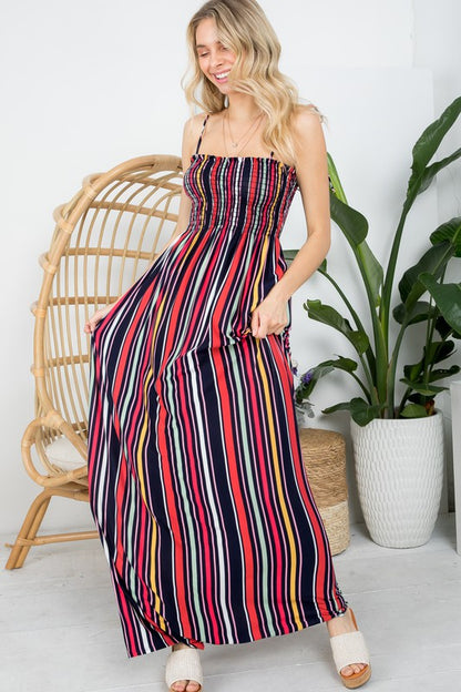 PLUS STRIPE SMOCKED MAXI DRESS