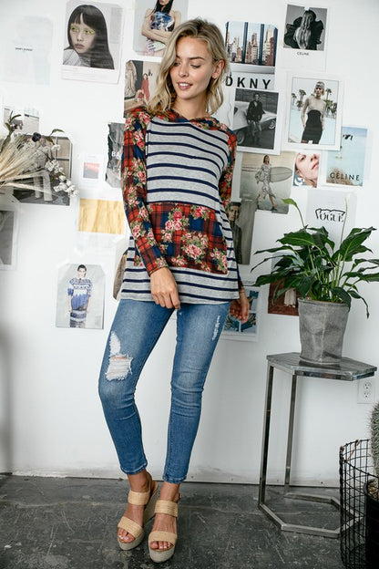 BRUSHED HACCI FLORAL PRINT STRIPE MIXED SWEATSHIRT