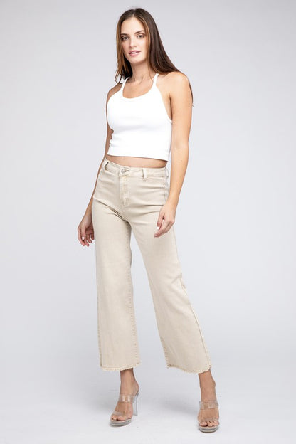 Acid Wash Frayed Cutoff Hem Straight Wide Pants