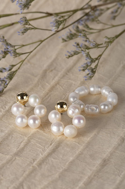 Natural pearl ring and floral pearl earring set