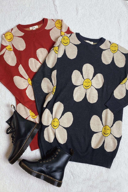 HAPPY FACE PRINT KNIT SWEATER