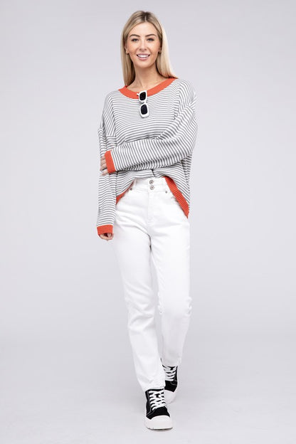 Contrast Trimmed Striped Pullover Knit