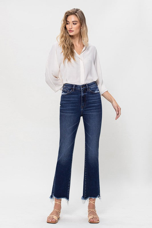 High Rise Distressed Hem Kick Flare Jeans