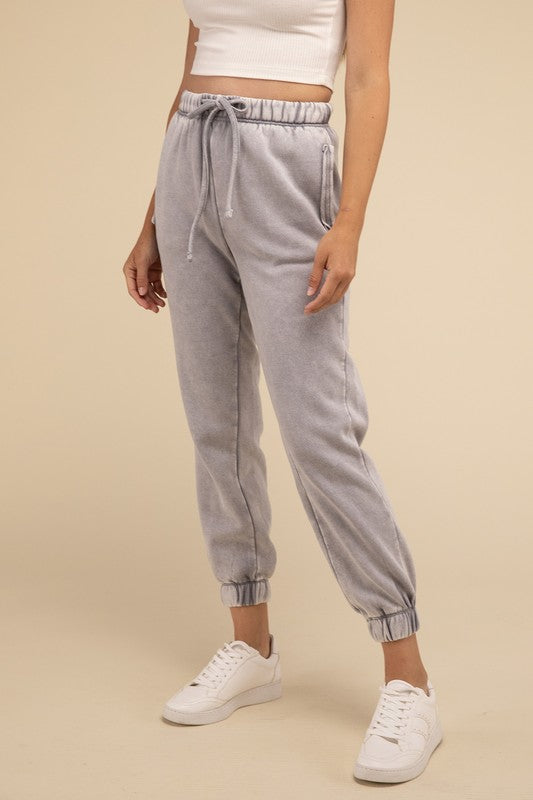 Acid Wash Fleece Sweatpants with Pockets