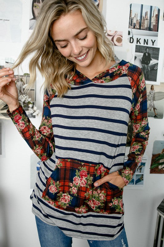 BRUSHED HACCI FLORAL PRINT STRIPE MIXED SWEATSHIRT