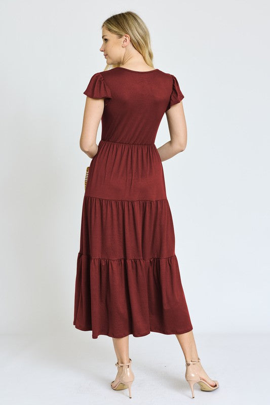 Solid Flutter Sleeve Tiered Tea Length Dress