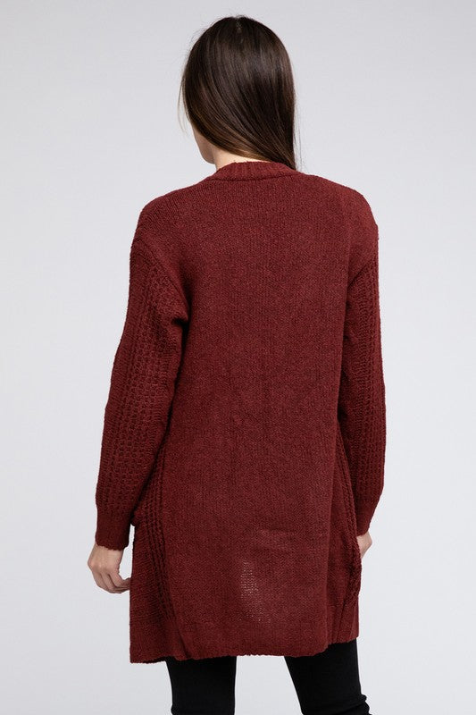 Twist Knitted Open Front Cardigan With Pockets