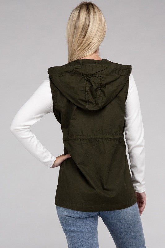 Drawstring Waist Military Hoodie Vest