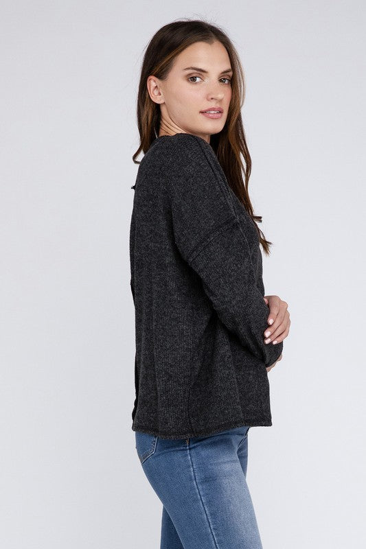 Ribbed Brushed Melange Hacci Sweater with a Pocket