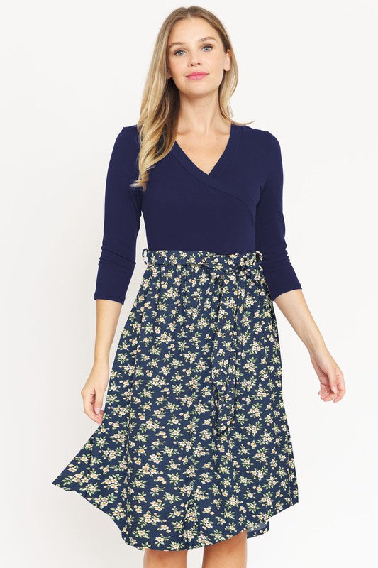 Surplice Floral Sash Midi Dress