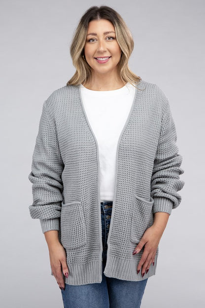 Plus Low Gauge Waffle Open Cardigan Sweater