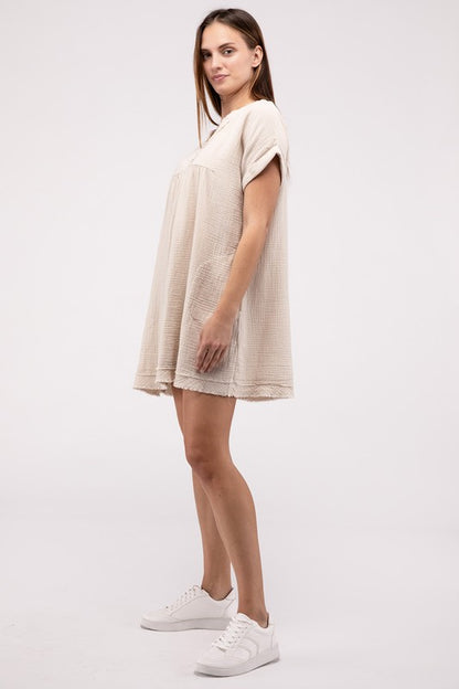 Gauze Rolled Short Sleeve Raw Edge V-Neck Dress